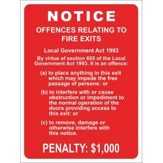 Sign - Offences to Fire Exits Penalty: $1000 - 225 x 300mm